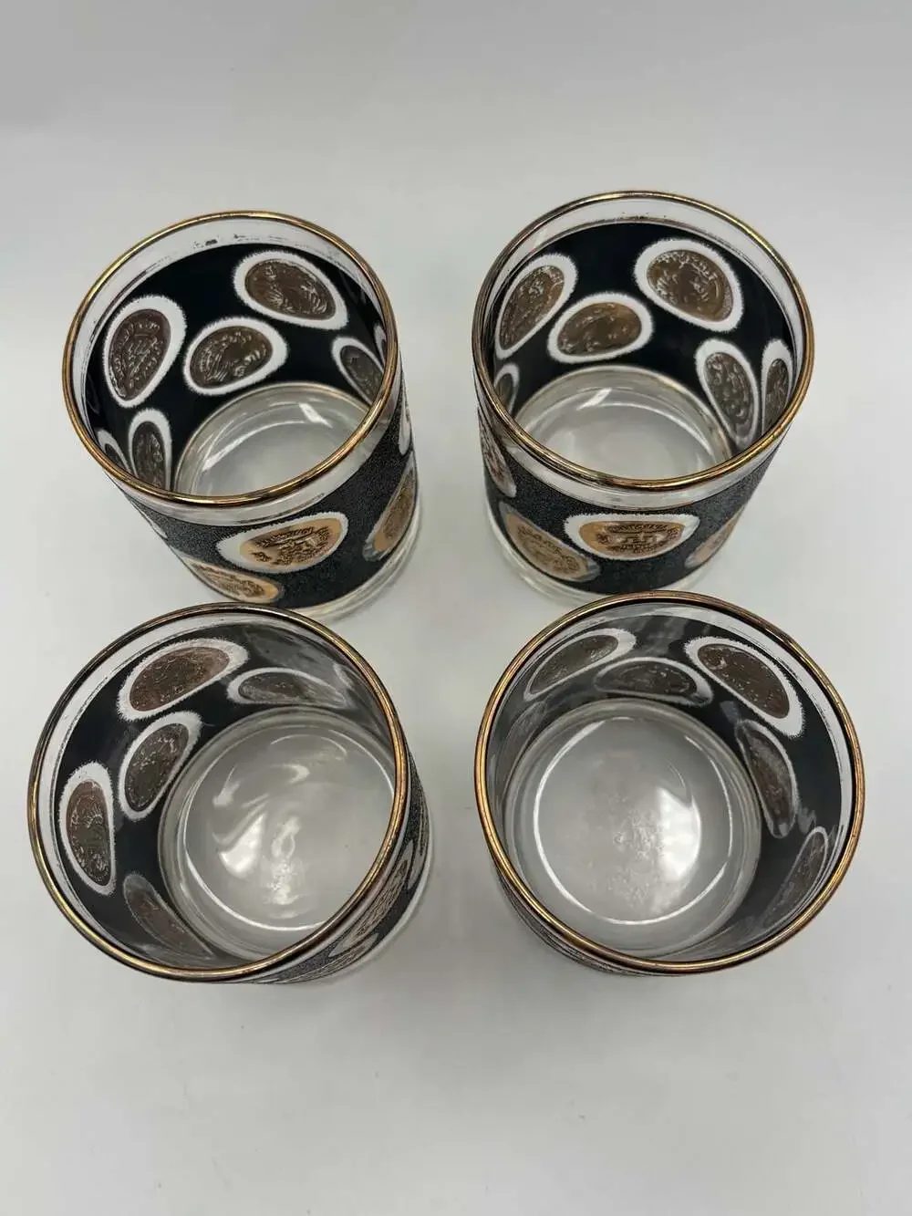 Vintage Libbey Mid-Century Black Textured Gold Coin 10 oz Highball Glasses, Set
